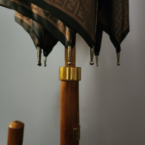 Vintage x 80s Fendi FF Motif Zucchino Print Wood Grain Umbrella - Picture 9 of 16